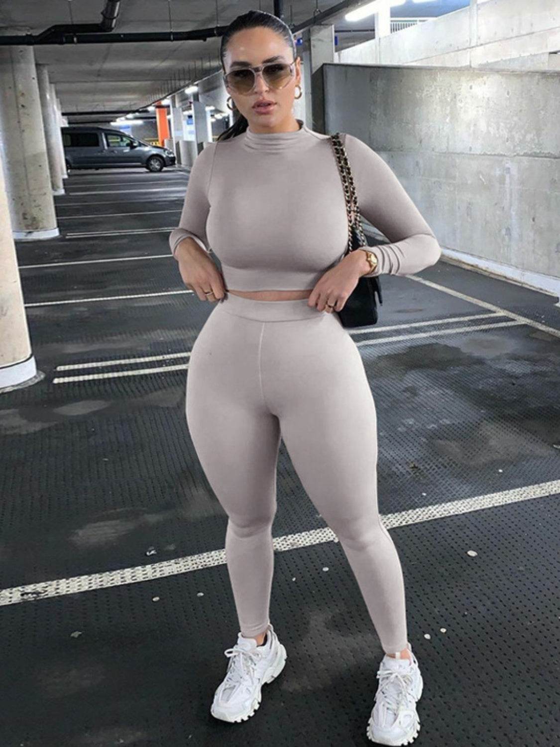 Mock Neck Long Sleeve Top and High Waist Pants Set - DaTrendStore.Com