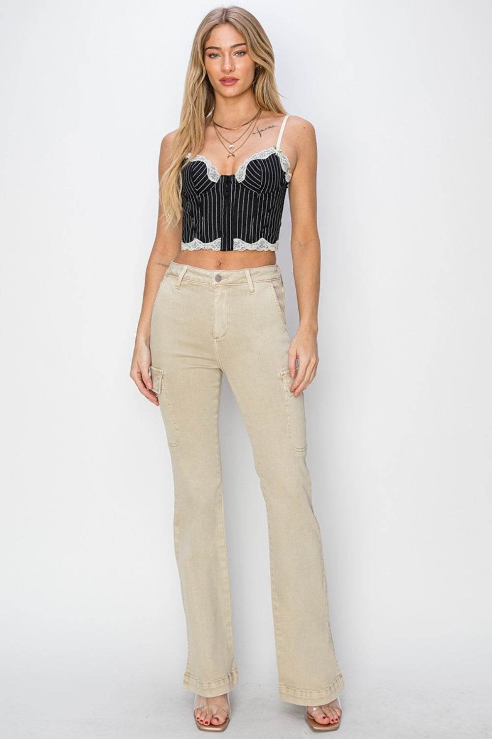 RISEN Full Size High Rise Side Slit Cargo Bootcut Jeans - DaTrendStore.Com