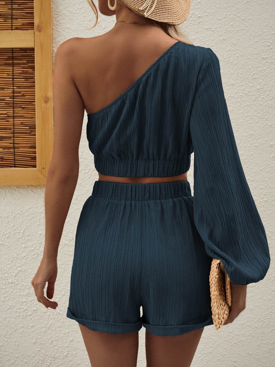 Honey One Shoulder Long Sleeve Top and Shorts Set - DaTrendStore.Com