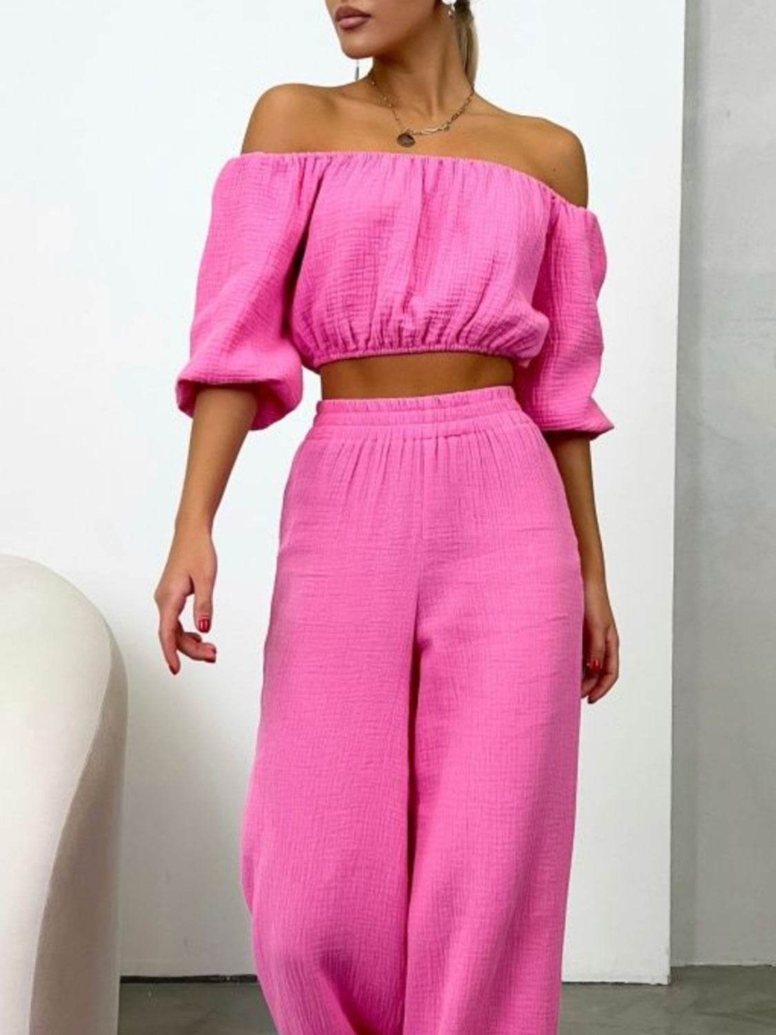 Off Shoulder Long Sleeve Top and Pants Set - DaTrendStore.Com