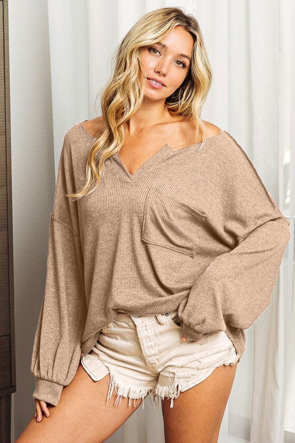 BiBi Exposed Seam Long Sleeve Top - DaTrendStore.Com