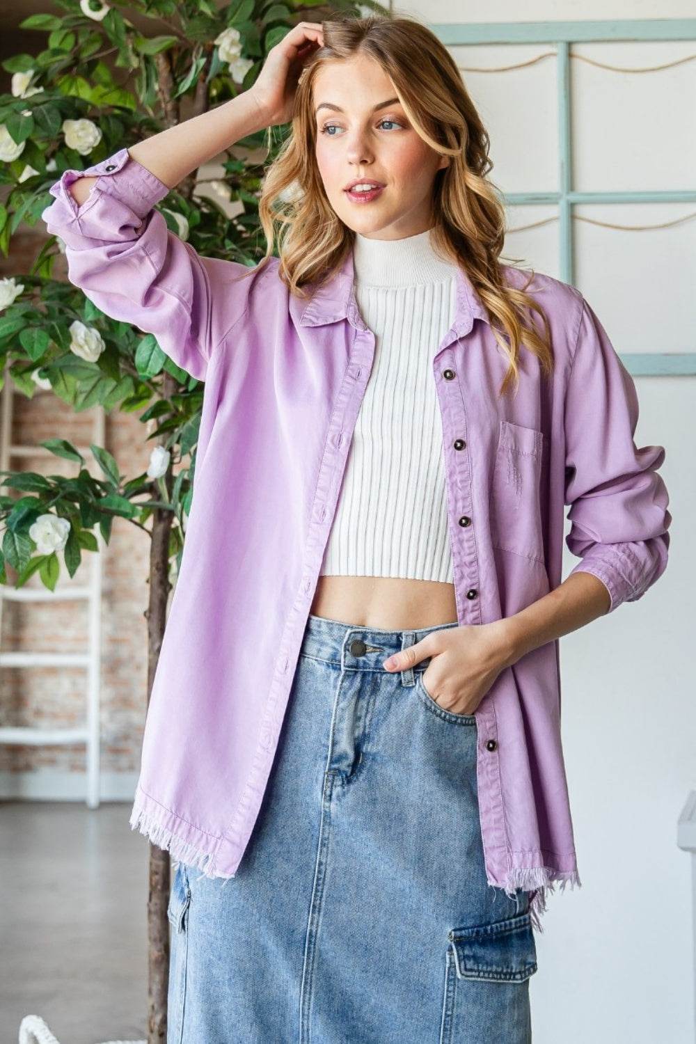 Veveret Raw Hem Button Up Long Sleeve Shirt - DaTrendStore.Com
