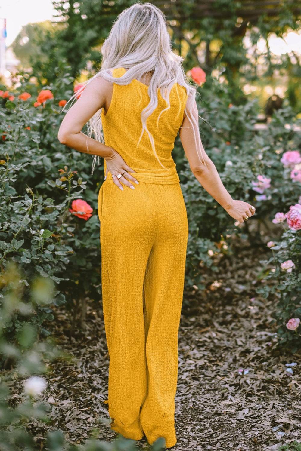 Textured Round Neck Top and Wide Leg Pants Set - DaTrendStore.Com