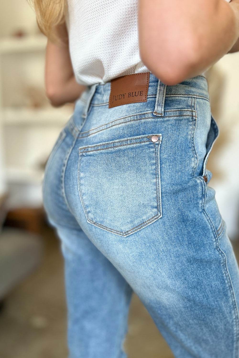 Judy Blue Full Size Distressed Straight Jeans with Patch Pockets - DaTrendStore.Com