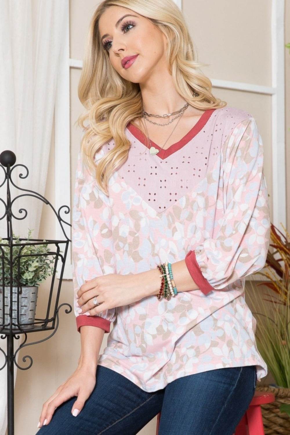 Celeste Full Size Leaf Print Contrast Trim Balloon Sleeve Top - DaTrendStore.Com