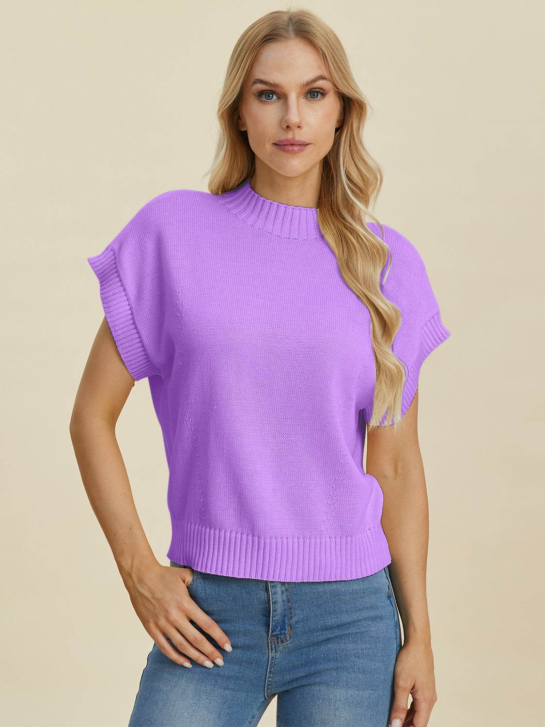 Double Take Full Size Mock Neck Short Sleeve Sweater - DaTrendStore.Com