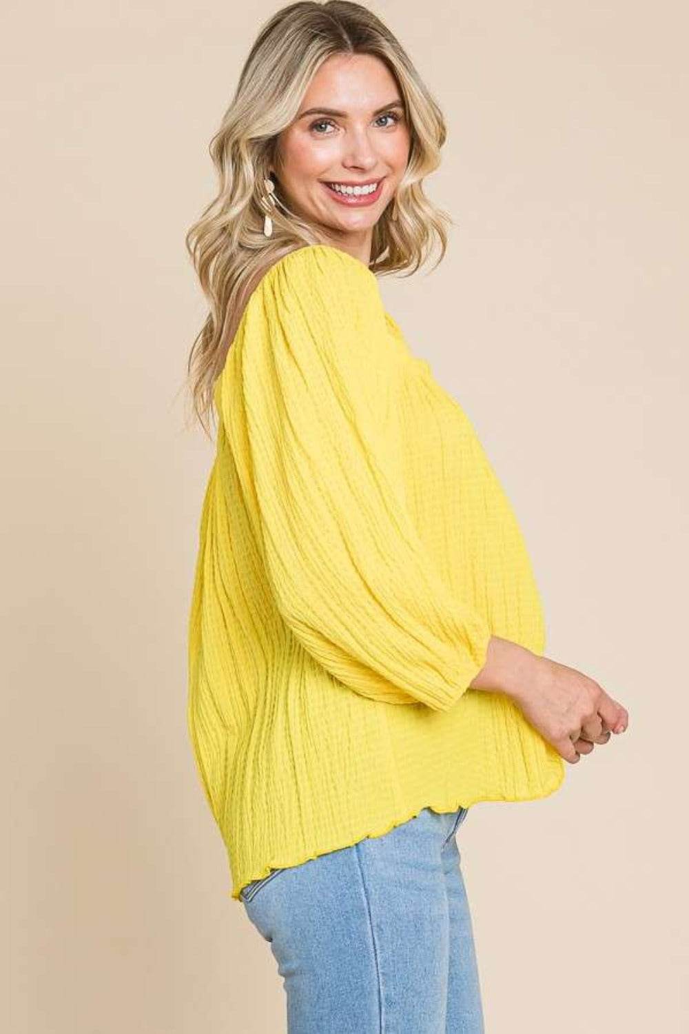 Culture Code Texture Square Neck Puff Sleeve Top - DaTrendStore.Com