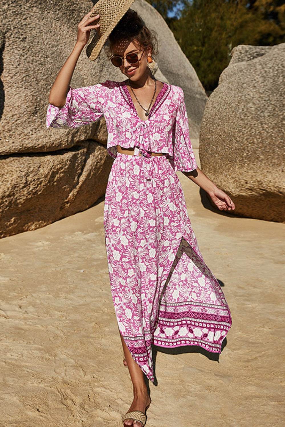 Printed Half Sleeve Top and Slit Skirt Set - DaTrendStore.Com