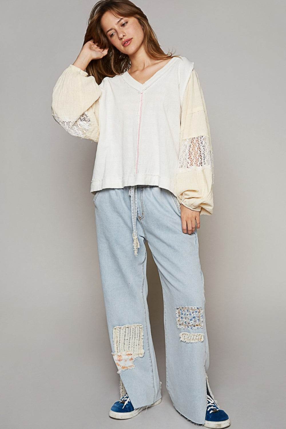 POL Balloon Sleeve Crochet Patch Top - DaTrendStore.Com