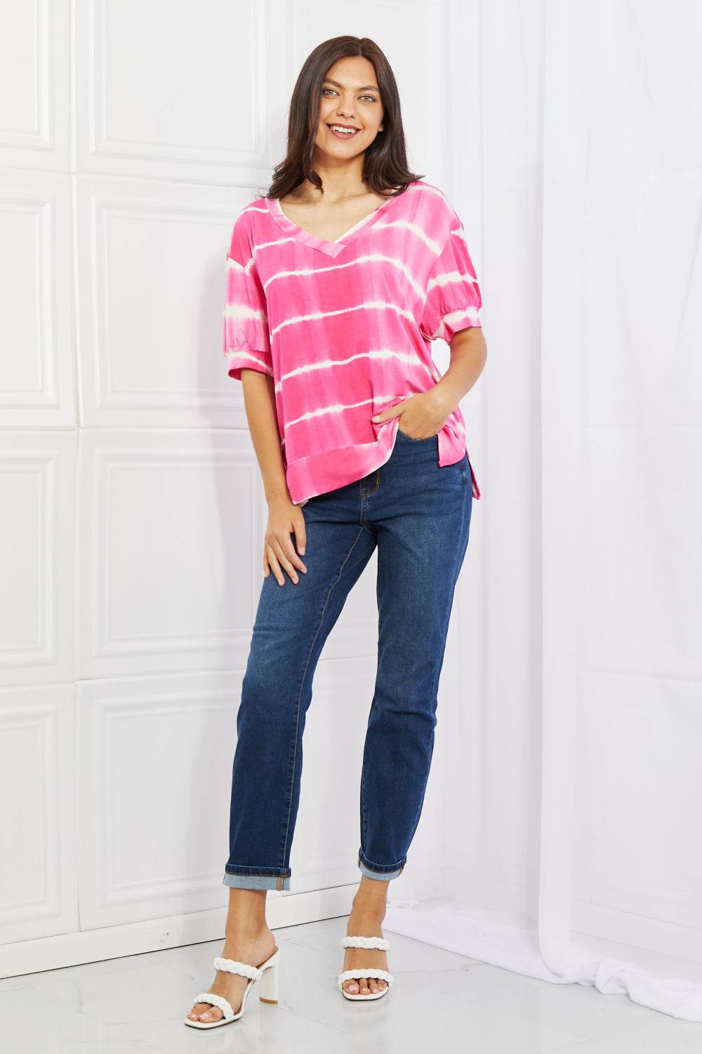 Yelete Full Size Oversized Fit V-Neck Striped Top - DaTrendStore.Com