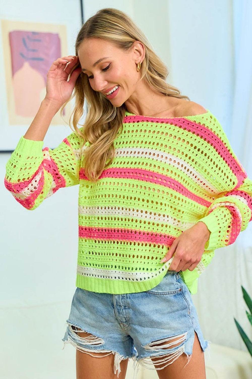 First Love Striped Long Sleeve Openwork Knit Top - DaTrendStore.Com