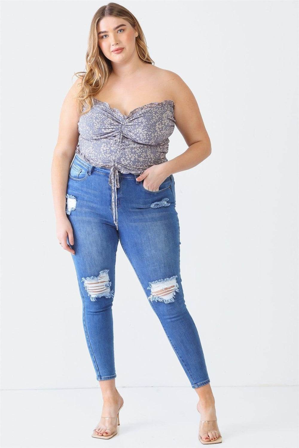 Zenobia Plus Size Drawstring Smocked Floral Tube Top - DaTrendStore.Com