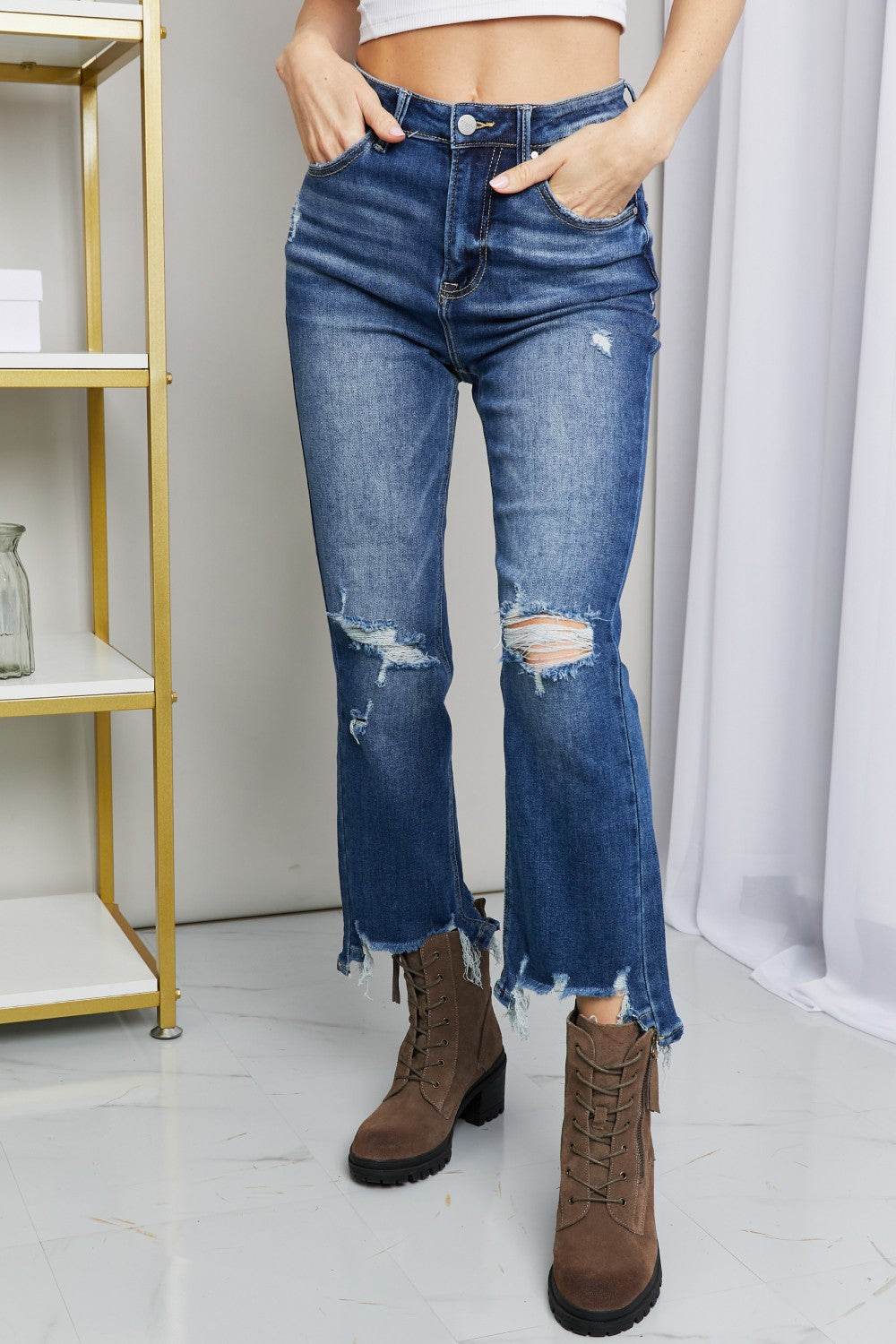 RISEN Frayed Hem Distressed Cropped Jeans - DaTrendStore.Com