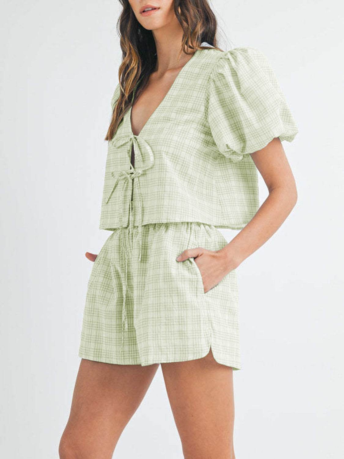 V-Neck Puff Sleeve Top and Shorts Set - DaTrendStore.Com