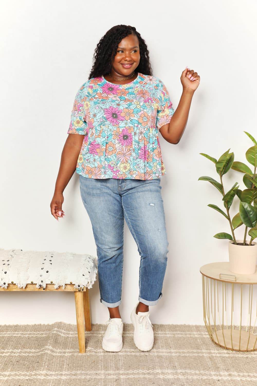 Double Take Floral Round Neck Babydoll Top - DaTrendStore.Com