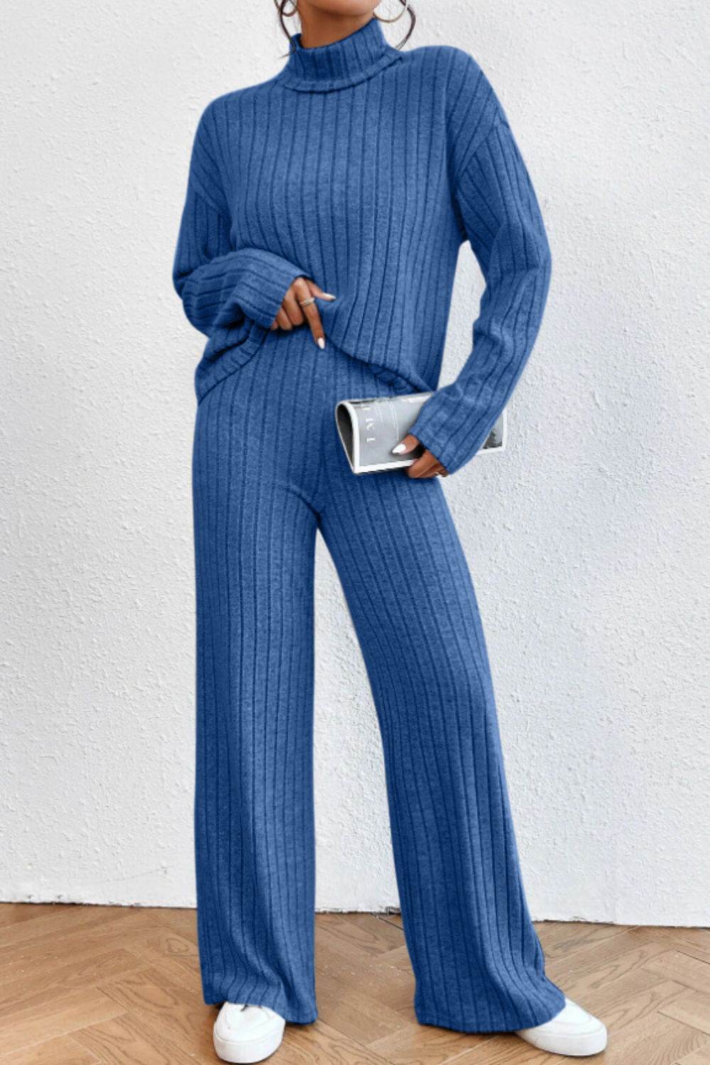 Mock Neck Dropped Shoulder Top and Pants Set - DaTrendStore.Com