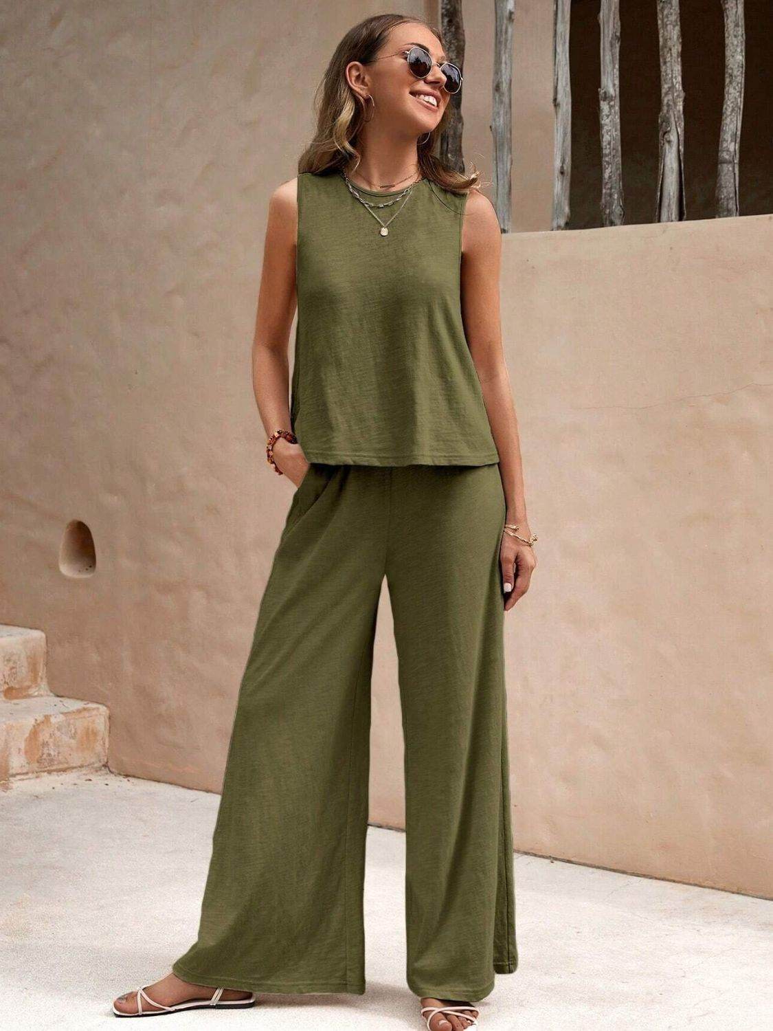 Round Neck Sleeveless Top and Wide Leg Pants Set - DaTrendStore.Com