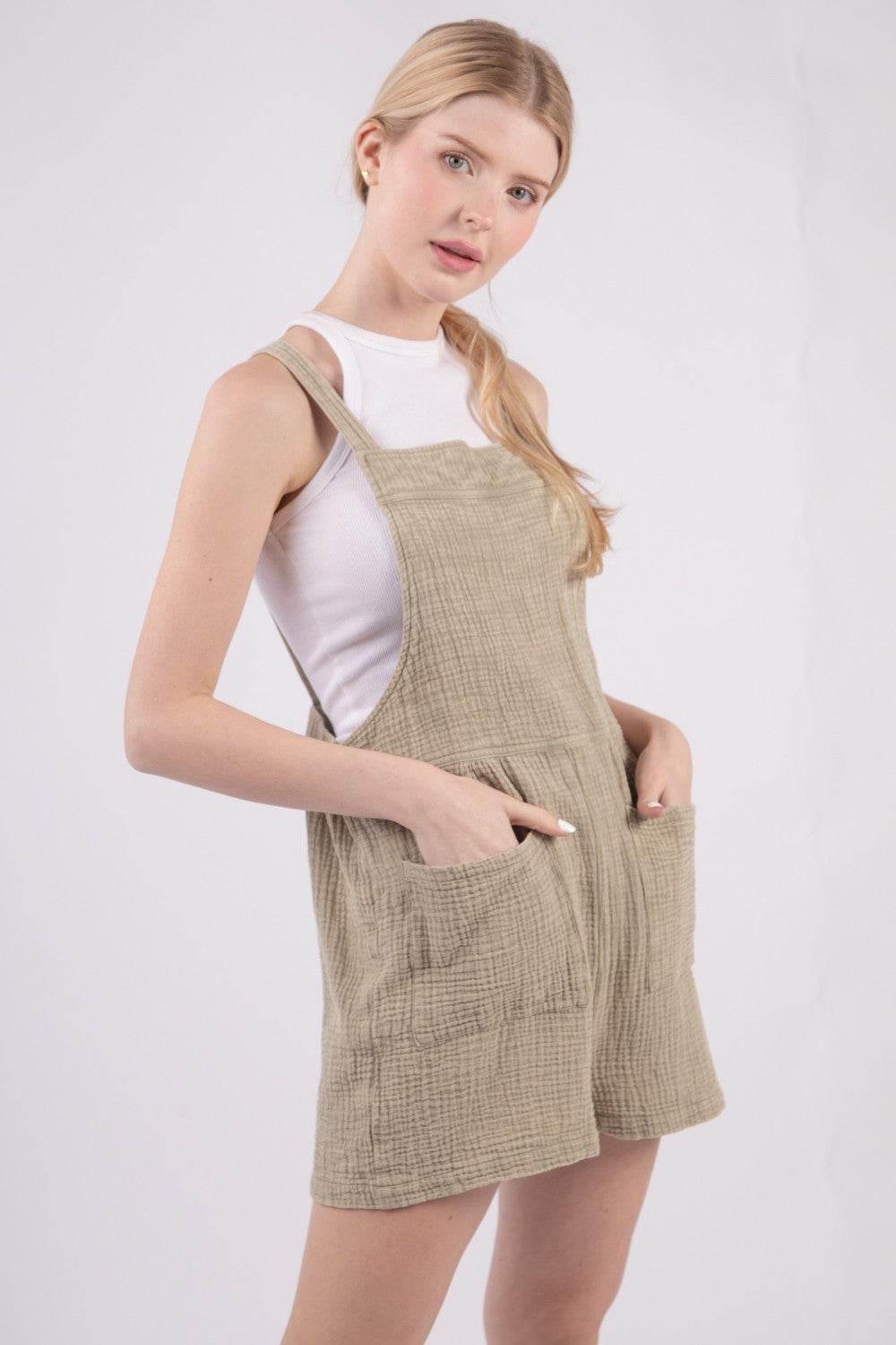 VERY J Sleeveless Double Gauze Overalls with Pockets - DaTrendStore.Com