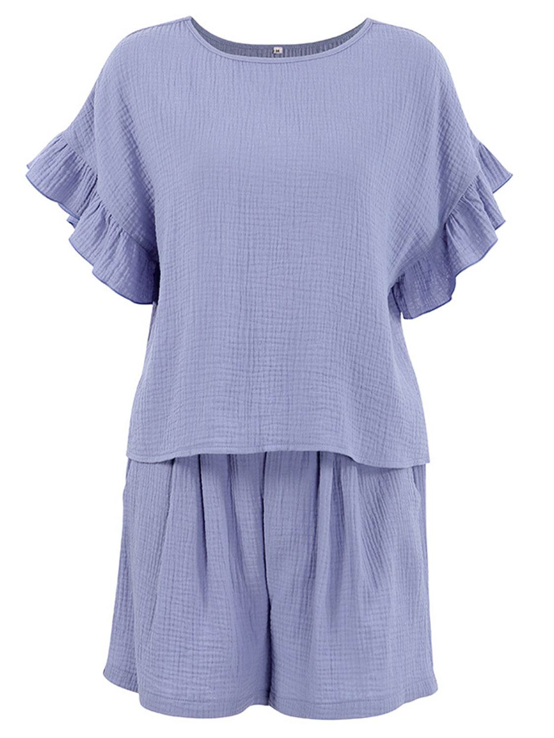 Ruffled Round Neck Top and Shorts Set - DaTrendStore.Com