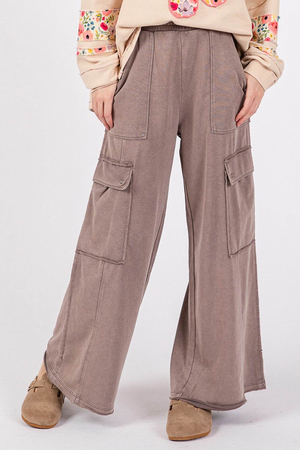 SAGE + FIG Knit Terry Mineral Wash Wide Leg Pants - DaTrendStore.Com