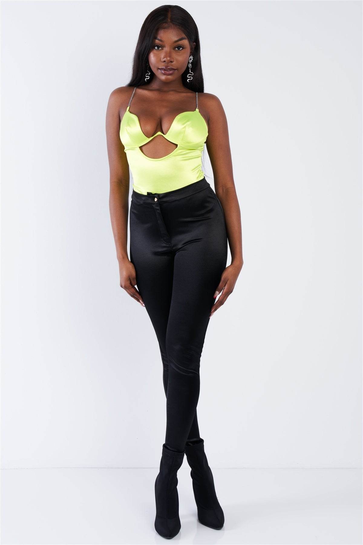 Silk Chain Spaghetti Strap High Thong Center Cut Out Bodysuit - DaTrendStore.Com