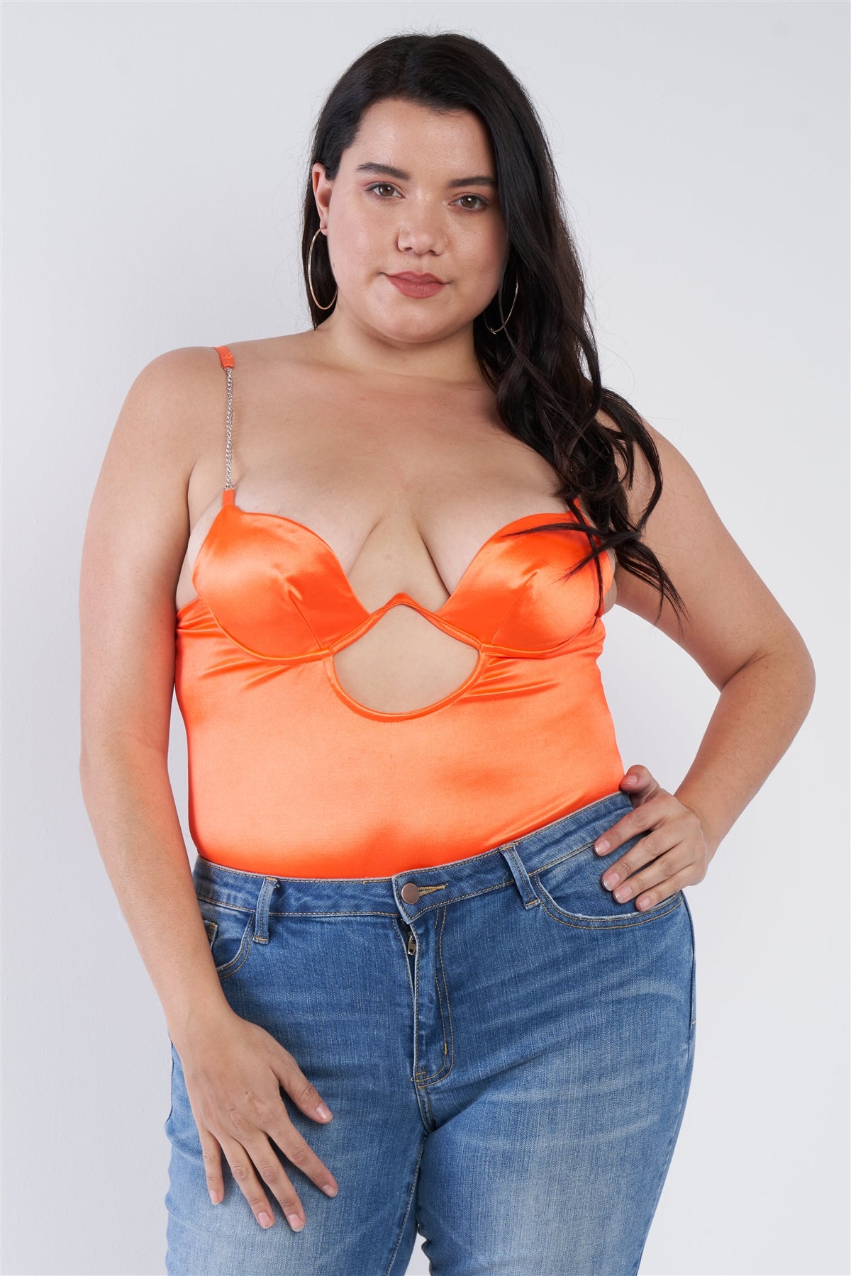 Plus Size Silk Chain Spaghetti Strap High Thong Center Cut Out Bodysuit – Neon Orange