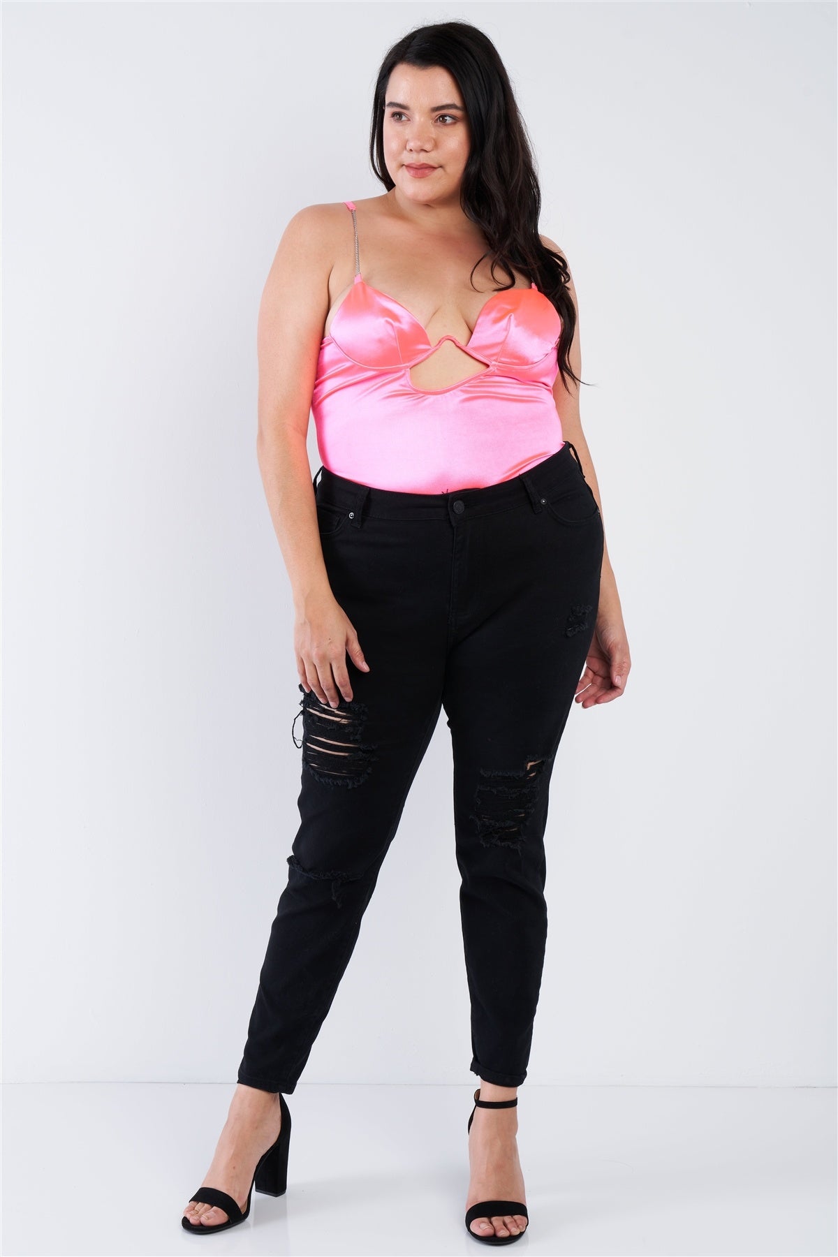 Plus Size Silk Chain Spaghetti Strap High Thong Center Cut Out Bodysuit – Neon Pink