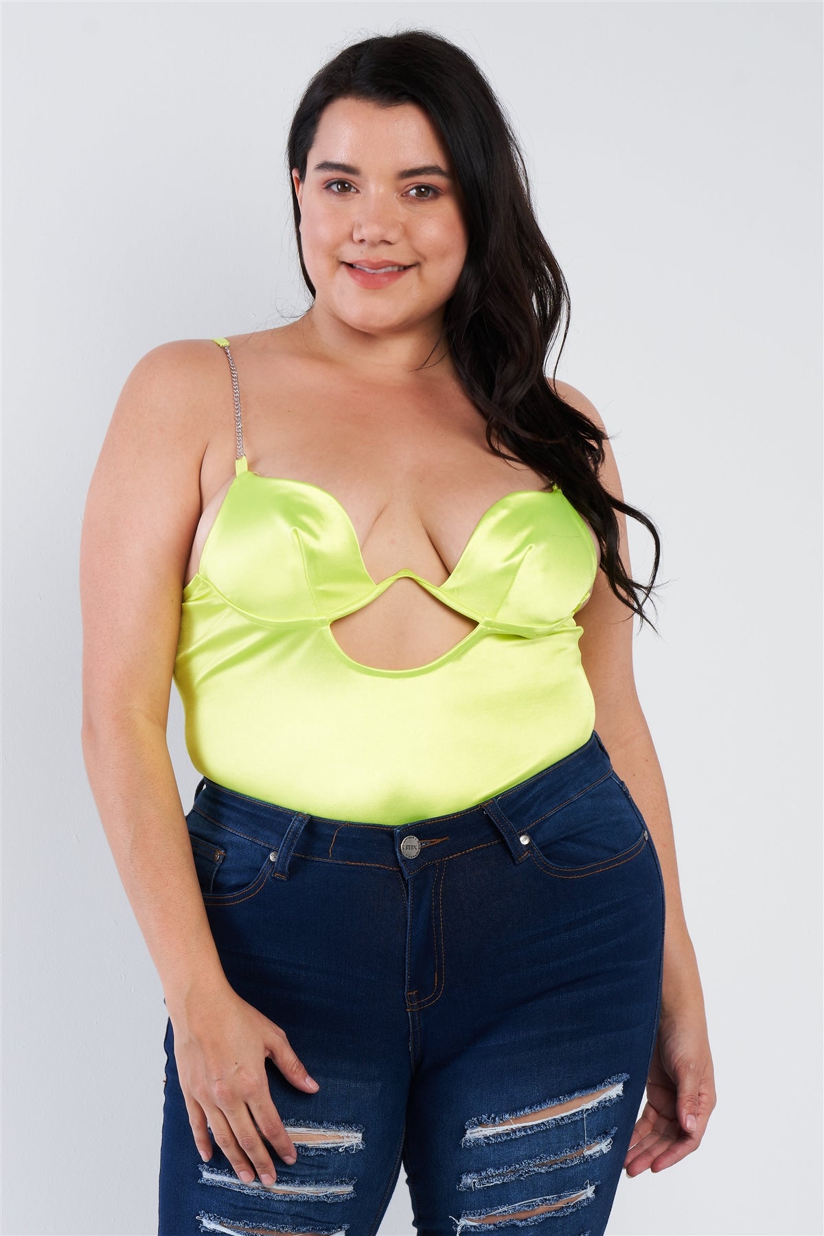 Plus Size Silk Chain Spaghetti Strap High Thong Center Cut Out Bodysuit – Neon Yellow