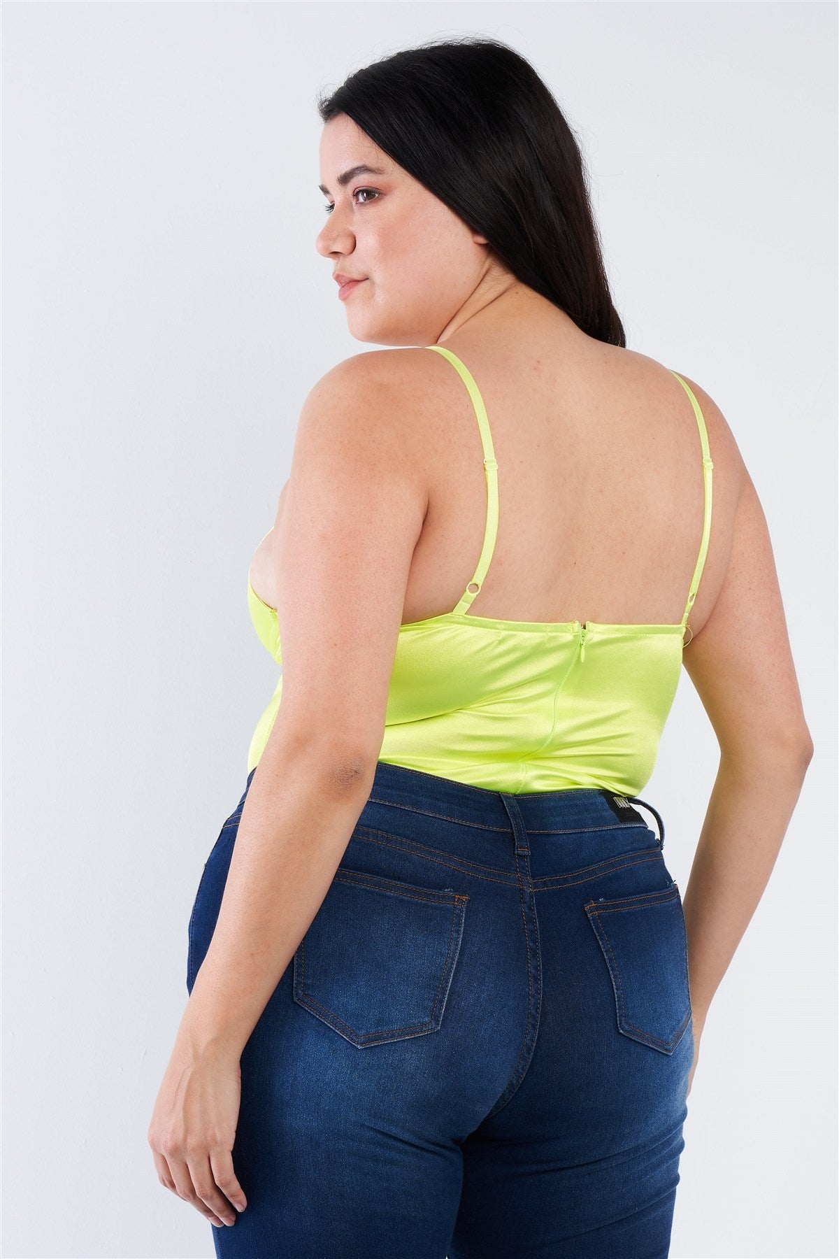 Plus Size Silk Chain Spaghetti Strap High Thong Center Cut Out Bodysuit – Neon Yellow