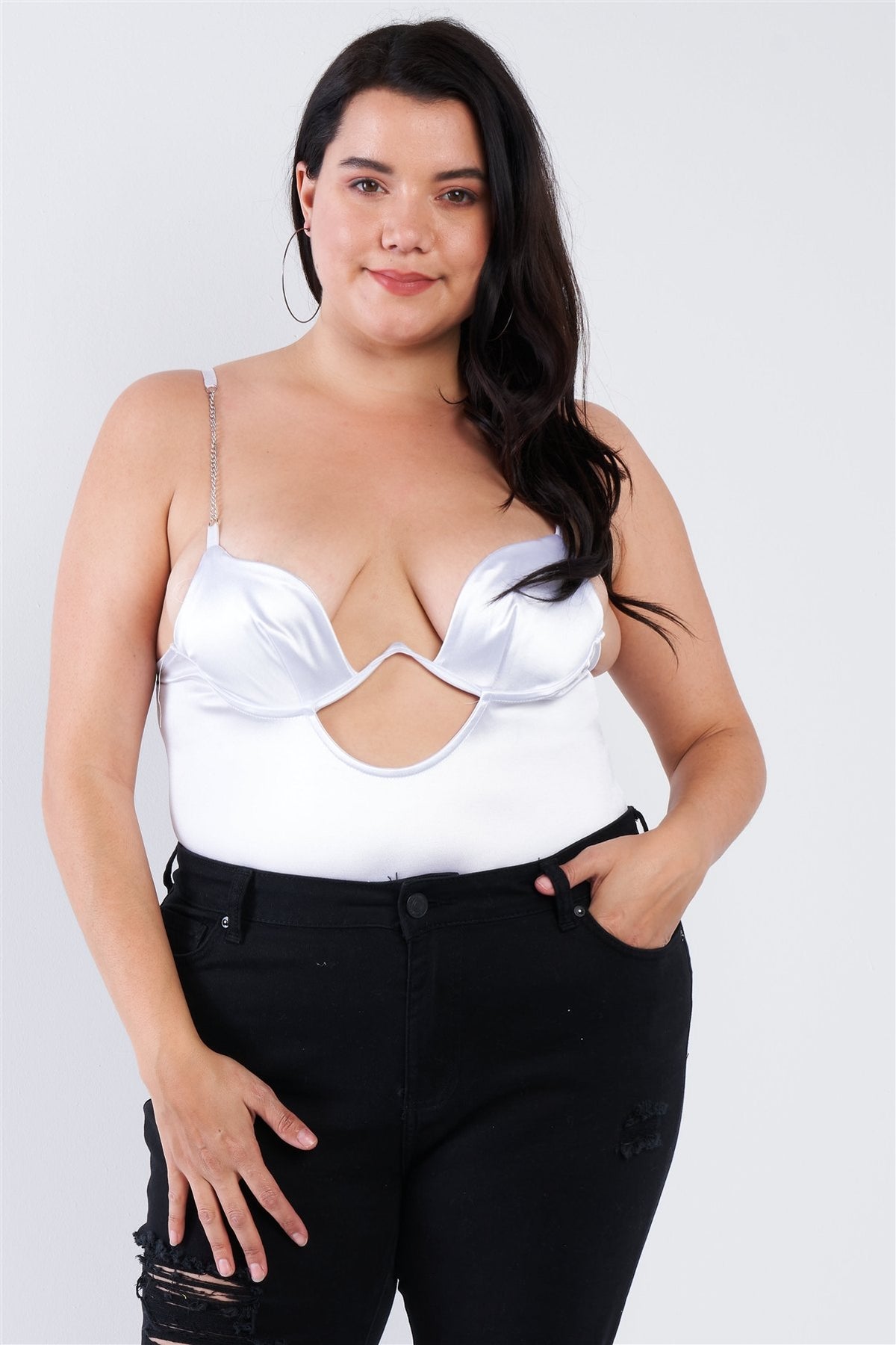 Plus Size Silk Chain Spaghetti Strap High Thong Center Cut Out Bodysuit – White