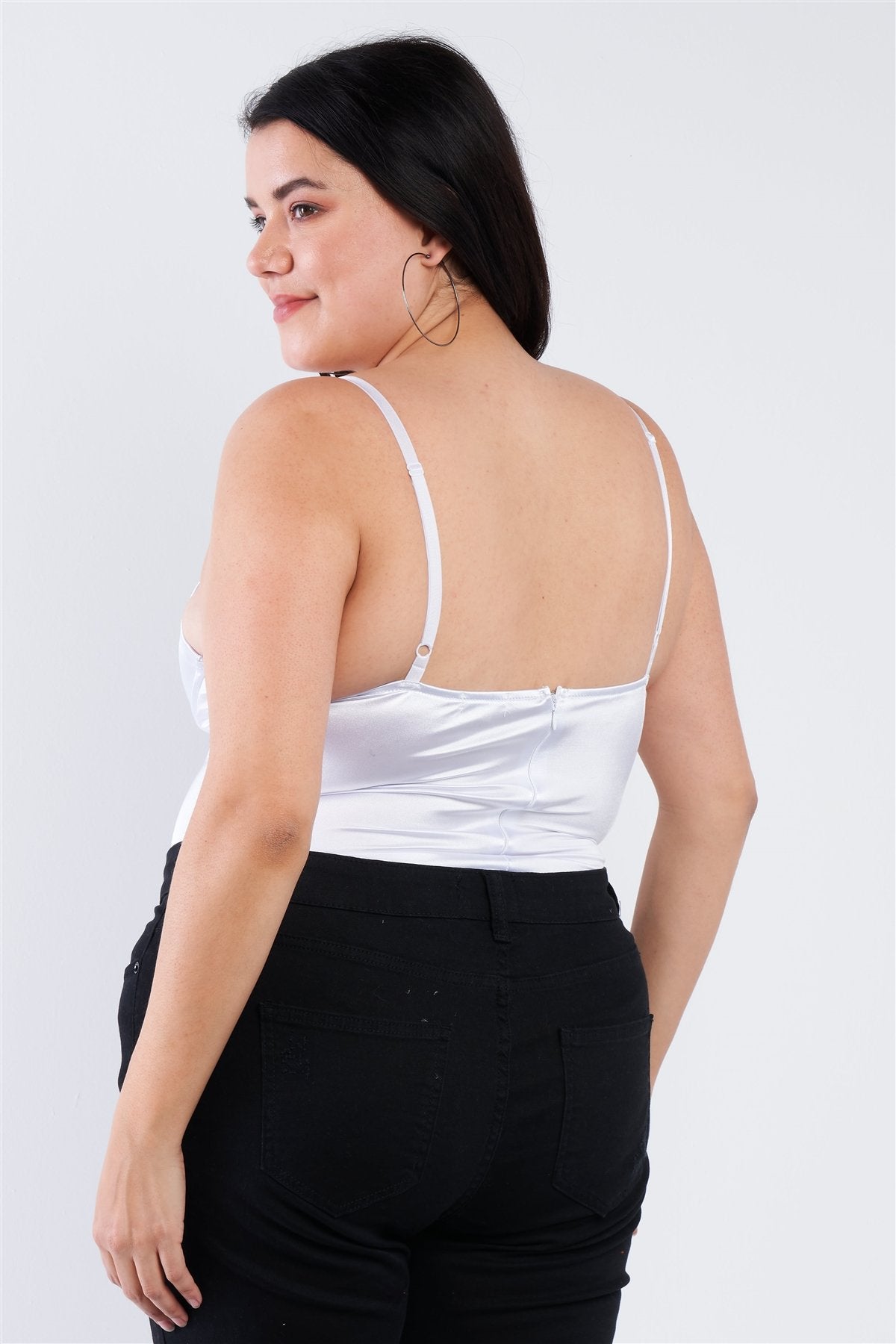 Plus Size Silk Chain Spaghetti Strap High Thong Center Cut Out Bodysuit – White