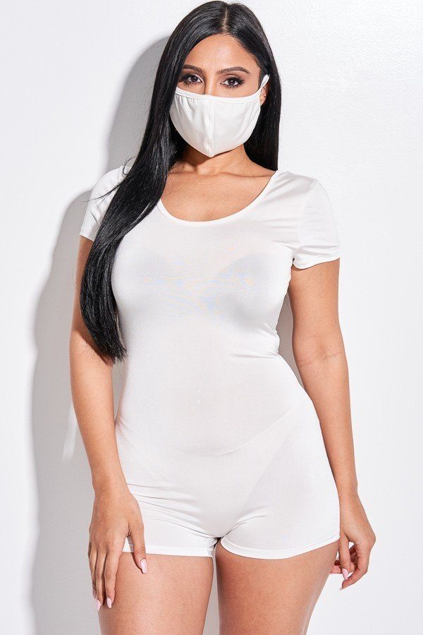 Solid Short Sleeve Scoop Neck Romper And Face Mask 2 Piece Set - Off White