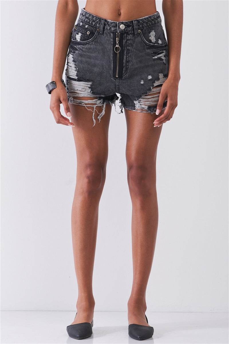Ripped High-waist Front Zip-up Raw Hem Detail Distressed Mini Shorts - DaTrendStore.Com