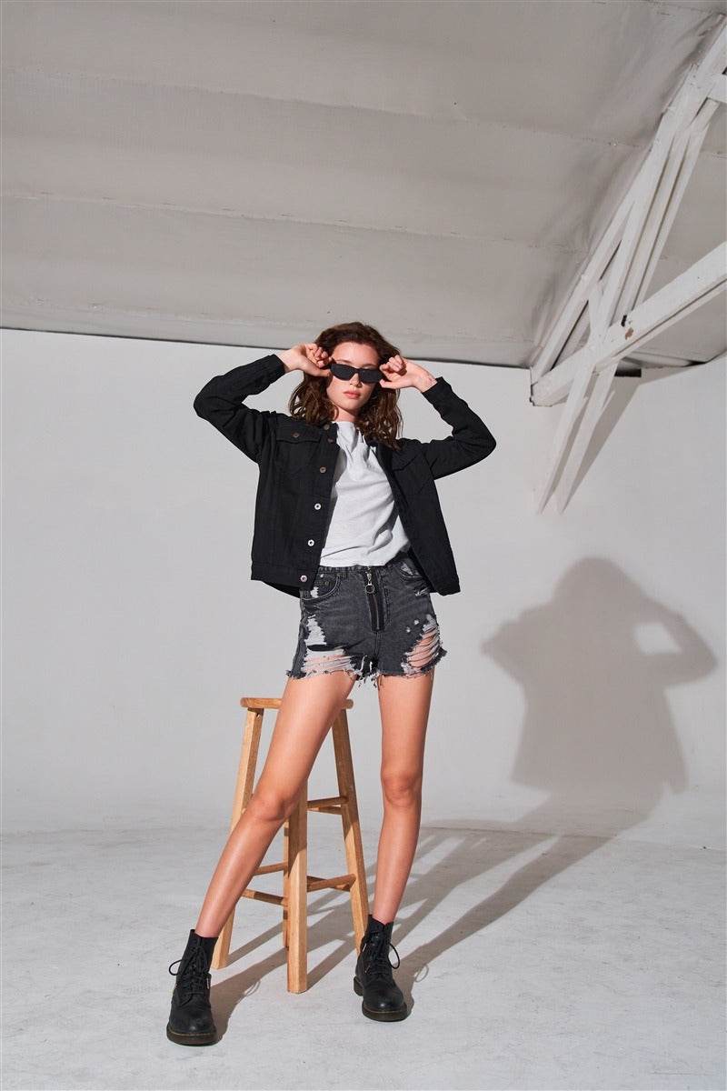 Ripped High-waist Front Zip-up Raw Hem Detail Distressed Mini Shorts - DaTrendStore.Com