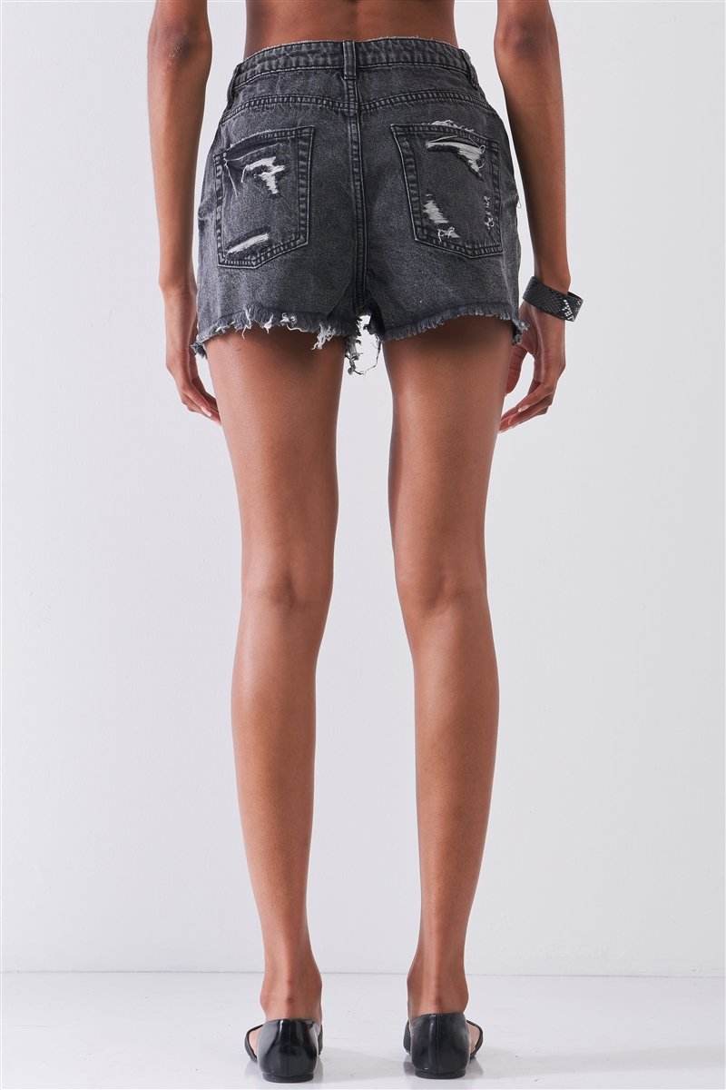 Ripped High-waist Front Zip-up Raw Hem Detail Distressed Mini Shorts - DaTrendStore.Com
