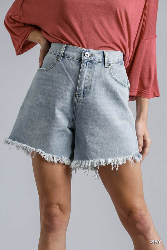 High Rise Denim Shorts With Raw Hem - DaTrendStore.Com