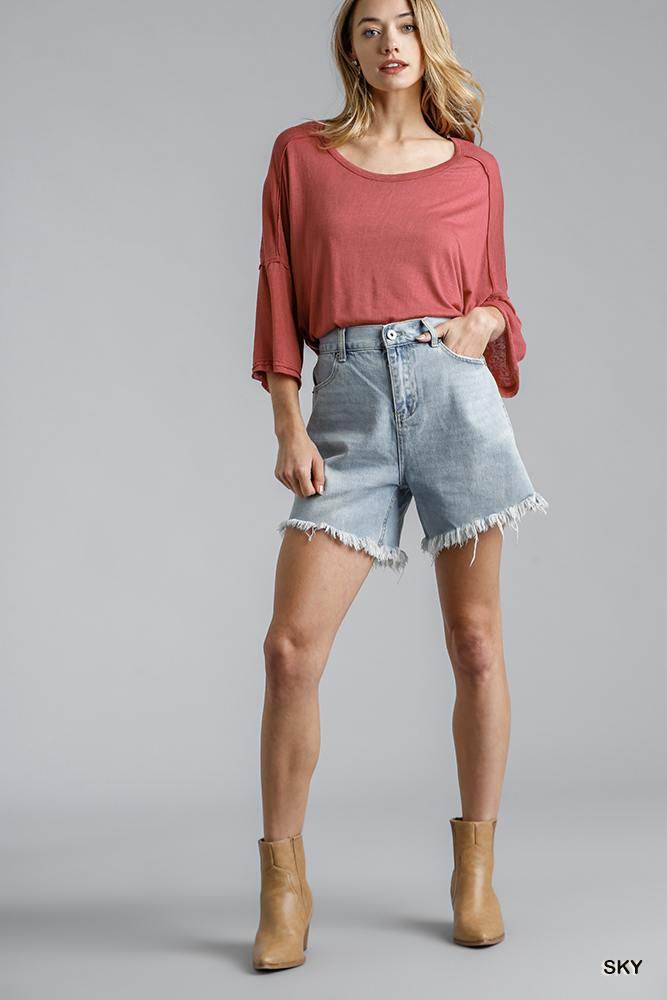 High Rise Denim Shorts With Raw Hem - DaTrendStore.Com