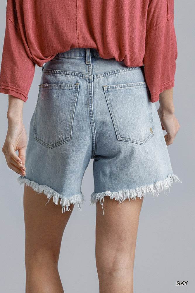 High Rise Denim Shorts With Raw Hem - DaTrendStore.Com
