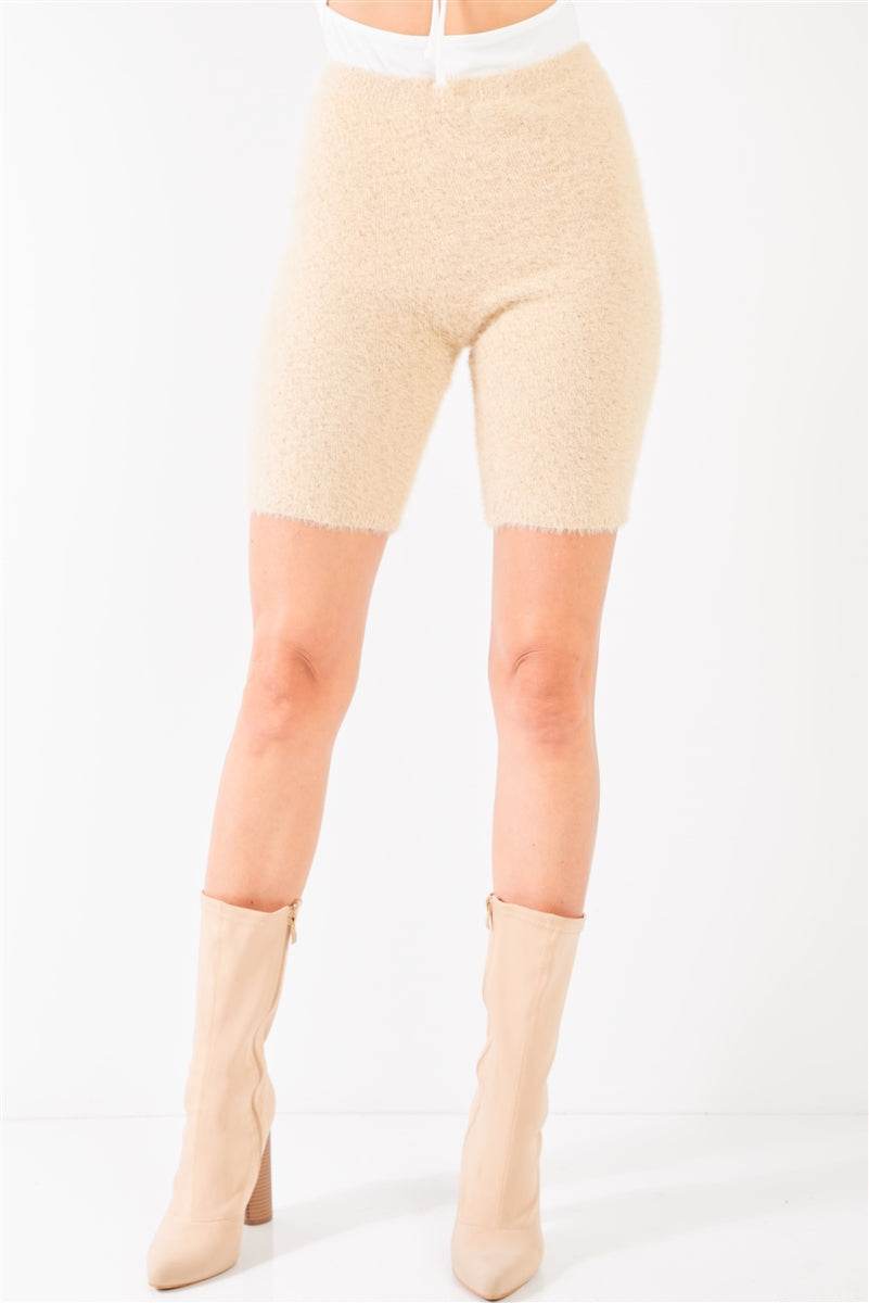 Oatmeal Beige Knit High Waist Stretchy Warm Fuzzy Biker Shorts - DaTrendStore.Com