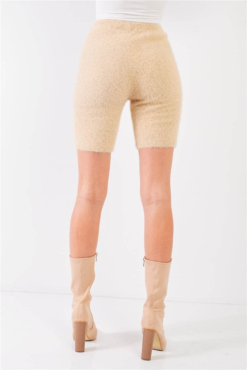 Oatmeal Beige Knit High Waist Stretchy Warm Fuzzy Biker Shorts - DaTrendStore.Com
