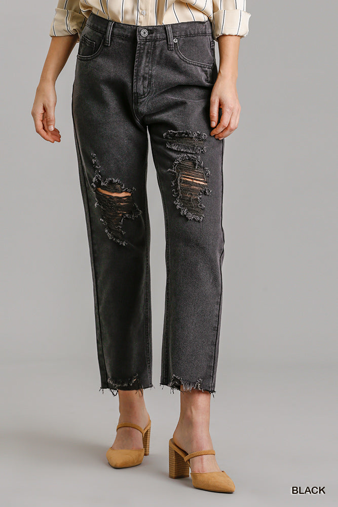 Black Distressed Straight-Leg Jeans with Raw Hem