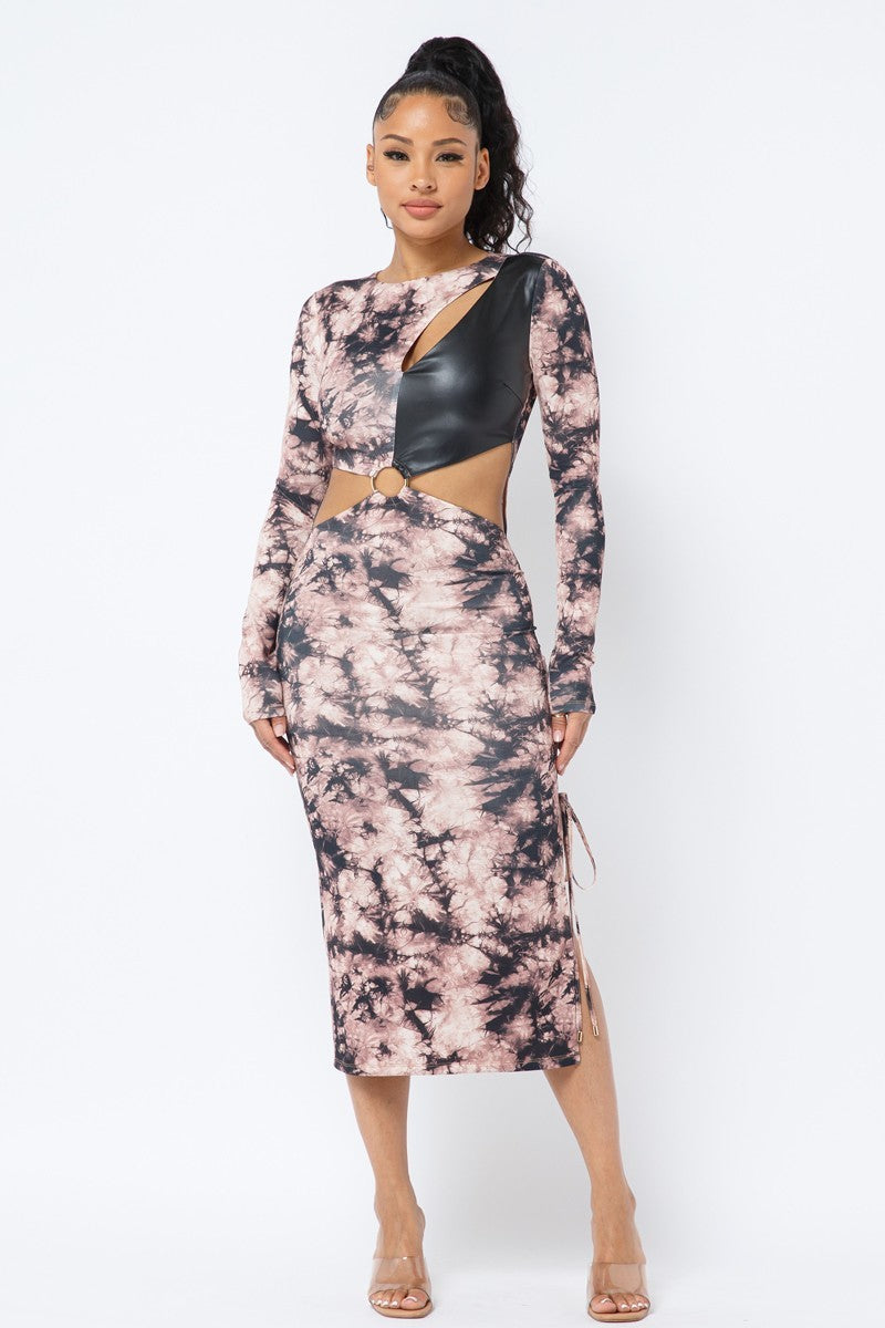 Tie Dye Long Sleeve Midi Dress - Brown