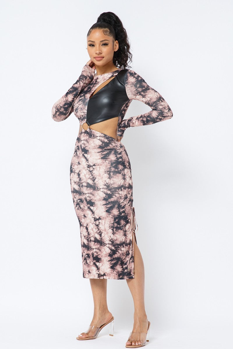 Tie Dye Long Sleeve Midi Dress - Brown