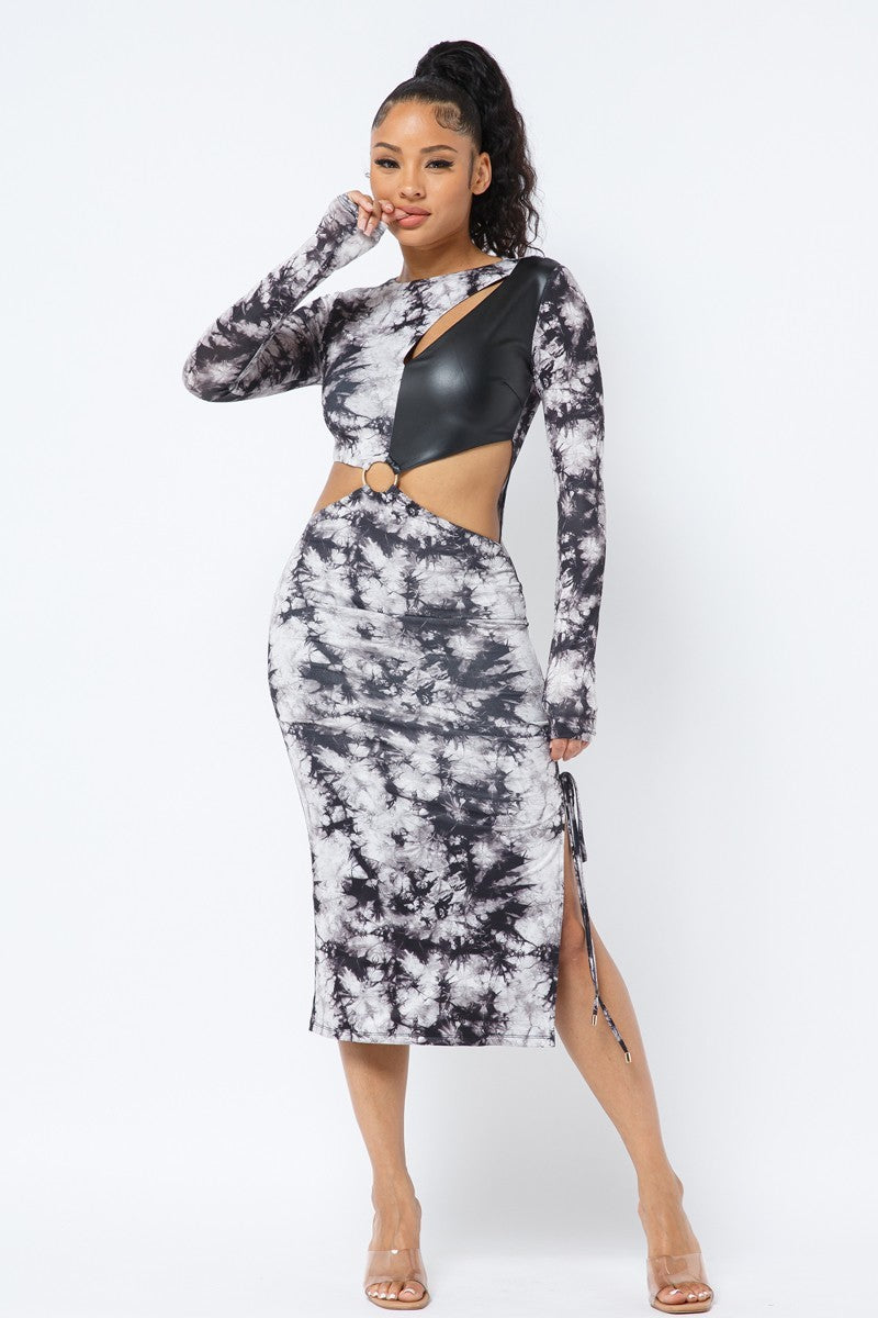 Tie Dye Long Sleeve Midi Dress - Black