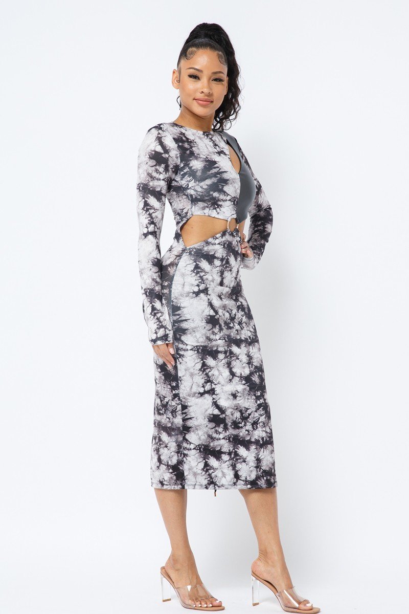 Tie Dye Long Sleeve Midi Dress - Black