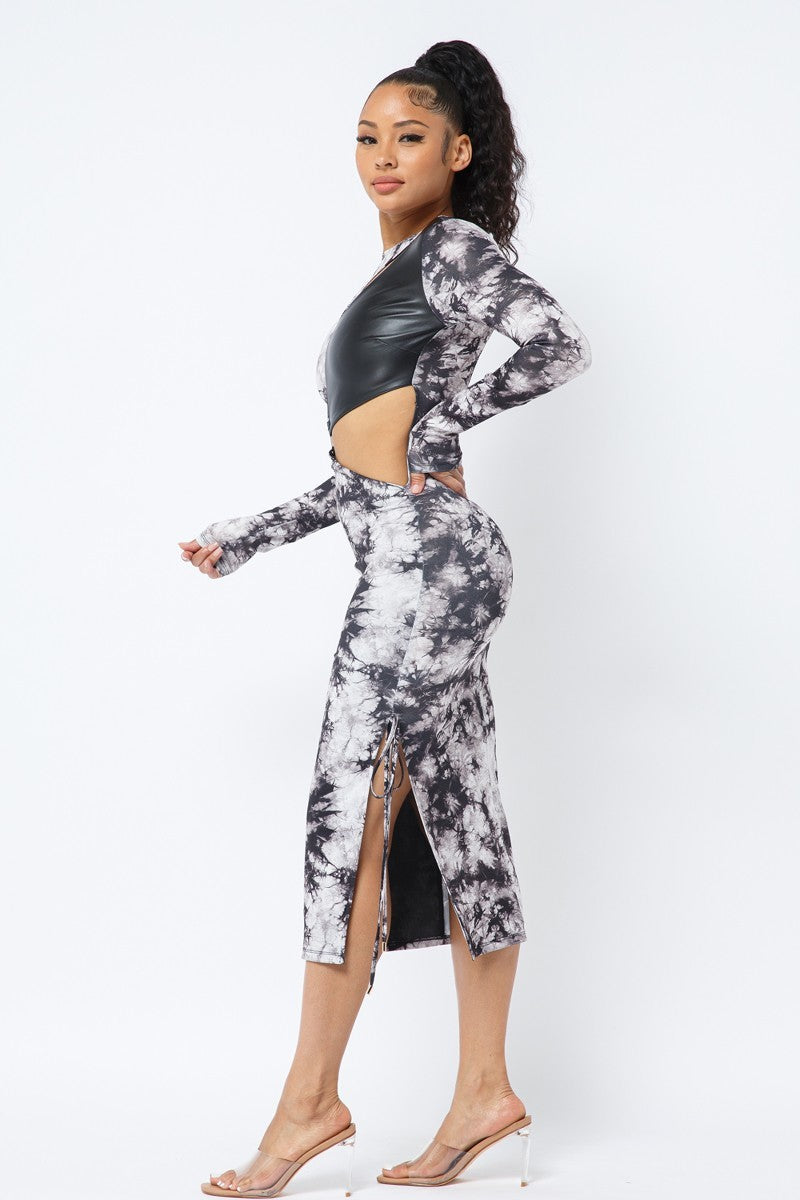 Tie Dye Long Sleeve Midi Dress - Black