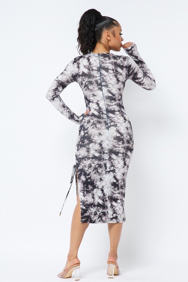 Tie Dye Long Sleeve Midi Dress - Black