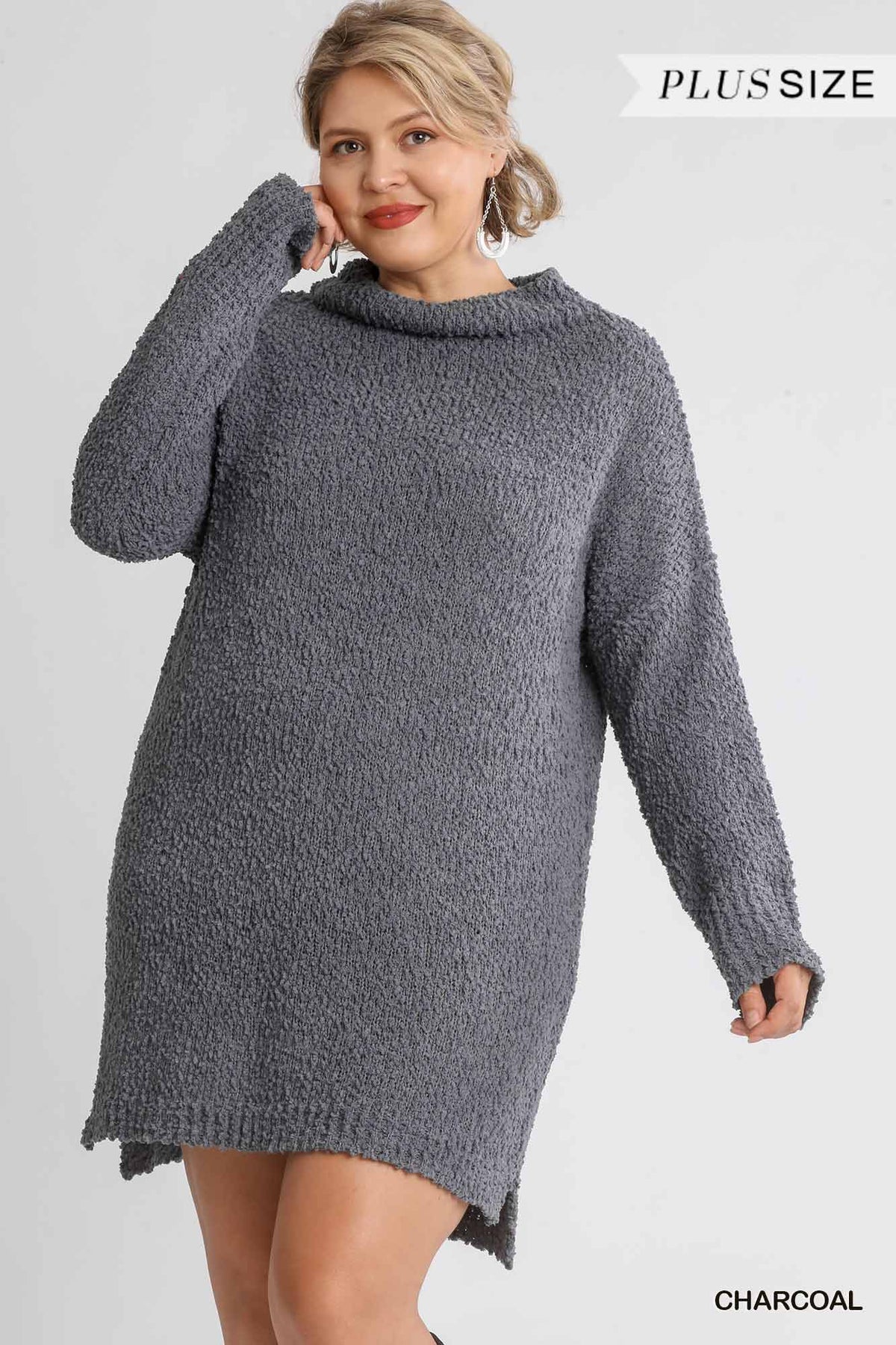 Charcoal High Cowl Neck Bouclé Long Sleeve Sweater Dress