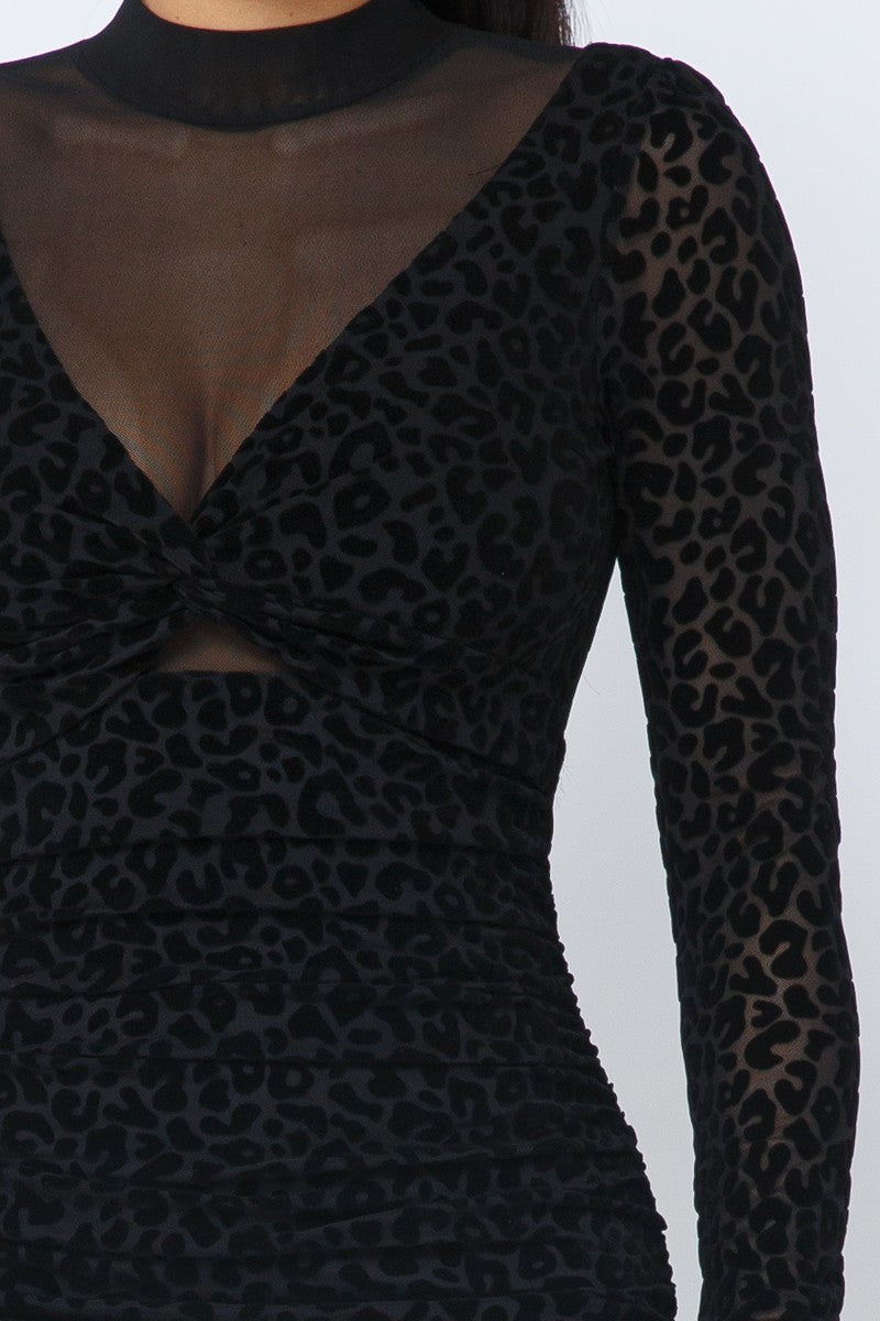 Animal Print Long Sleeve Mock Neck Mini Dress - Black
