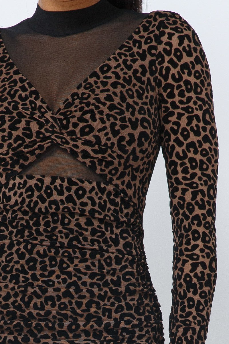 Animal Print Long Sleeve Mock Neck Mini Dress - Brown
